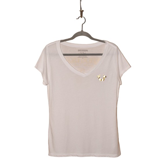 TRUE RELIGION $60 Cap Sleeve Scoop V-Neck Graphic Tee‎ White Large - Picture 1 of 5